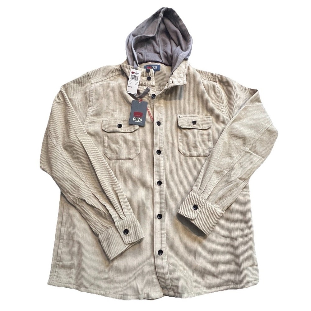 COVA Jantzen Corduroy Hooded Shacket Mens XL Khaki Button Shirt Jacket NWT $119